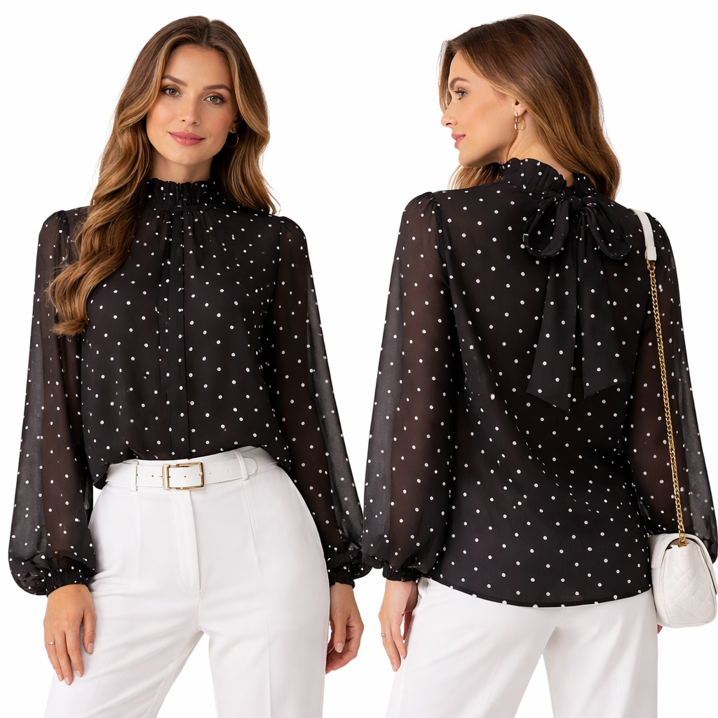 Blouse fluide à pois – col montant noué – manches longues oversize chic
