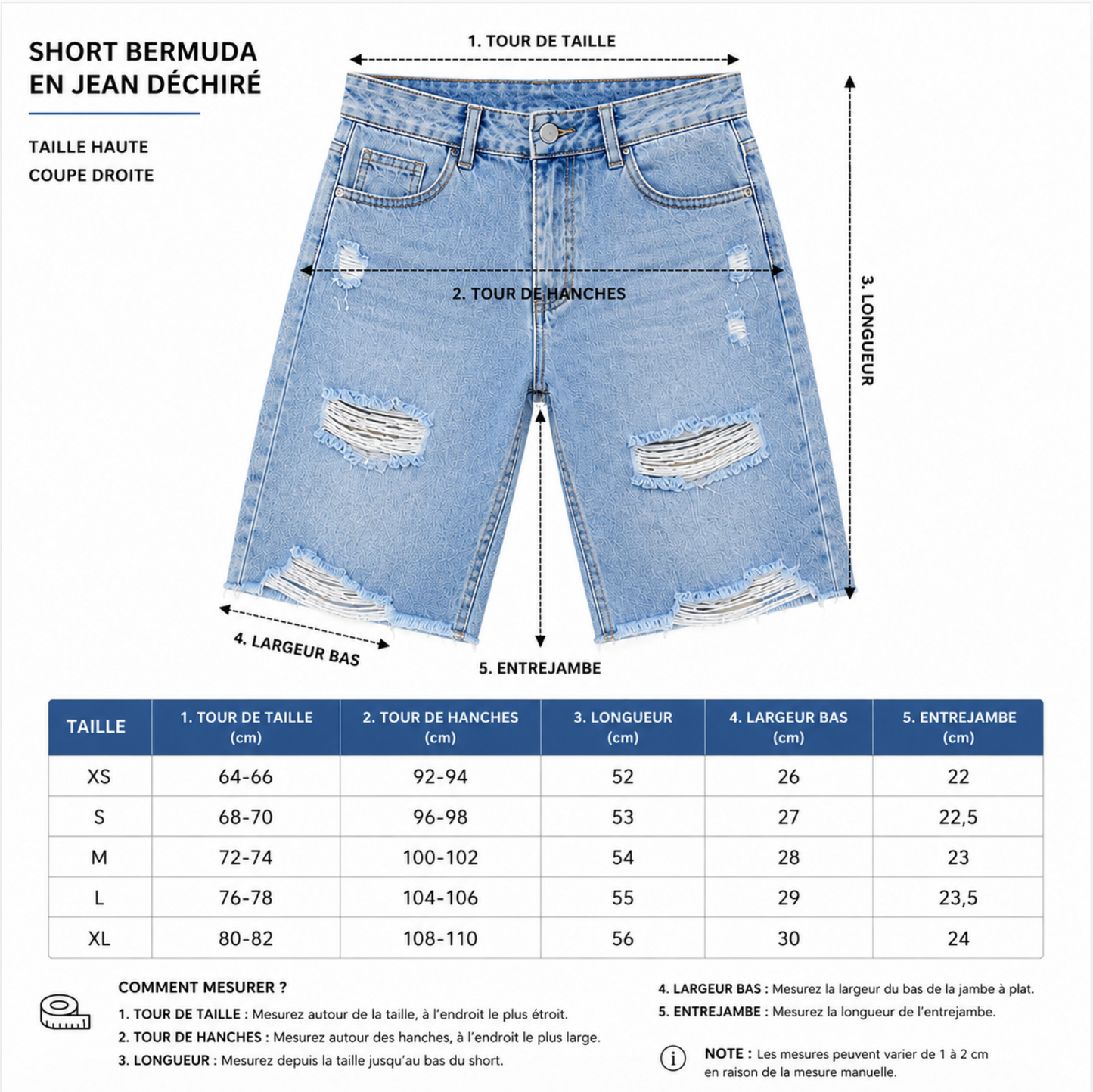 Short Bermuda Femme Jean Déchiré Taille Haute