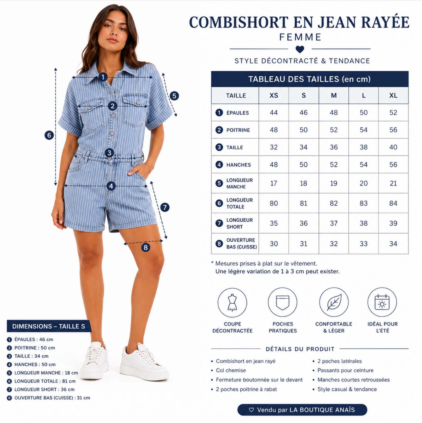 Combishort en jean rayé femme ; Coupe décontractée, manches courtes et poches