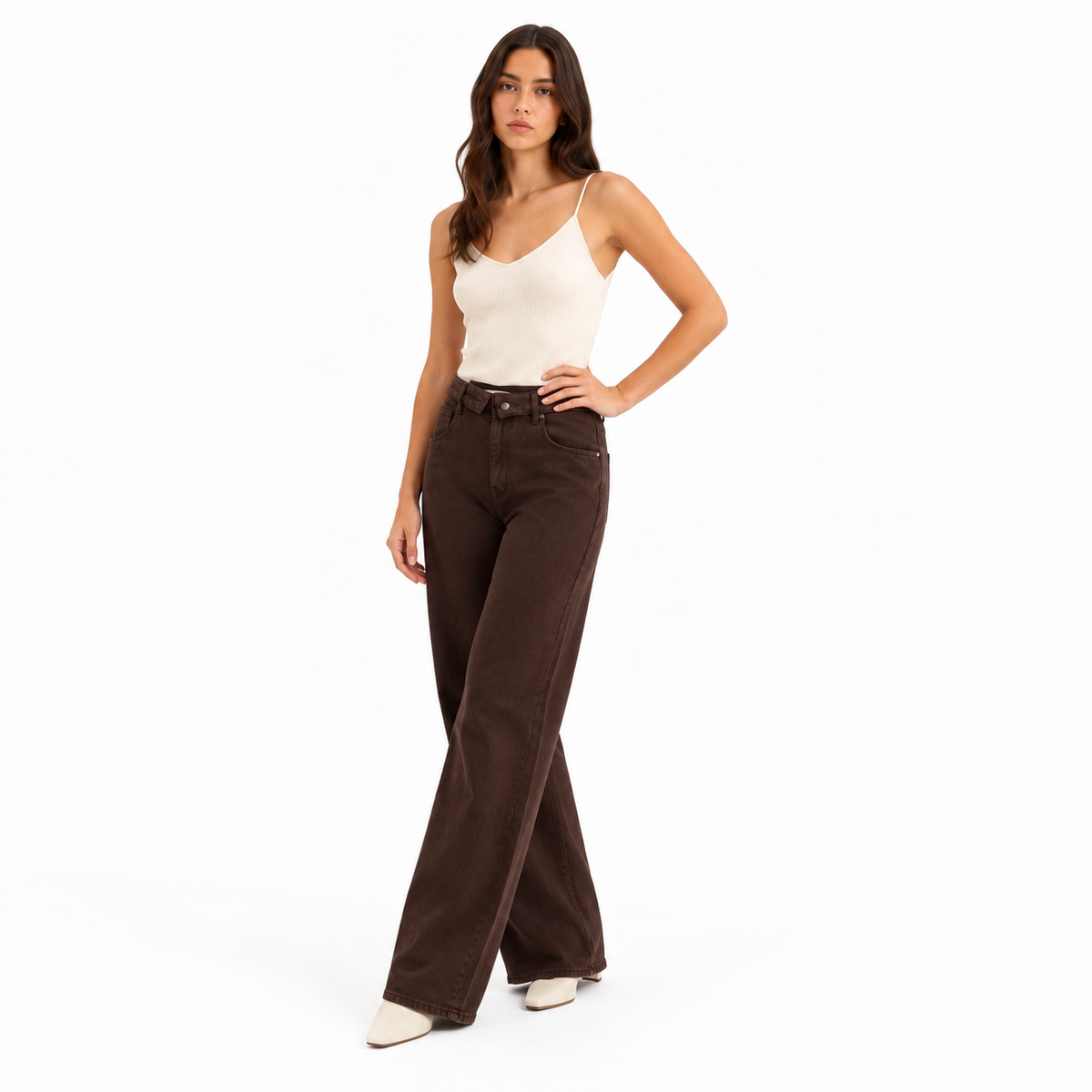 Jeans mit hoher Taille, überkreuztem Bund und weitem, geradem Bein