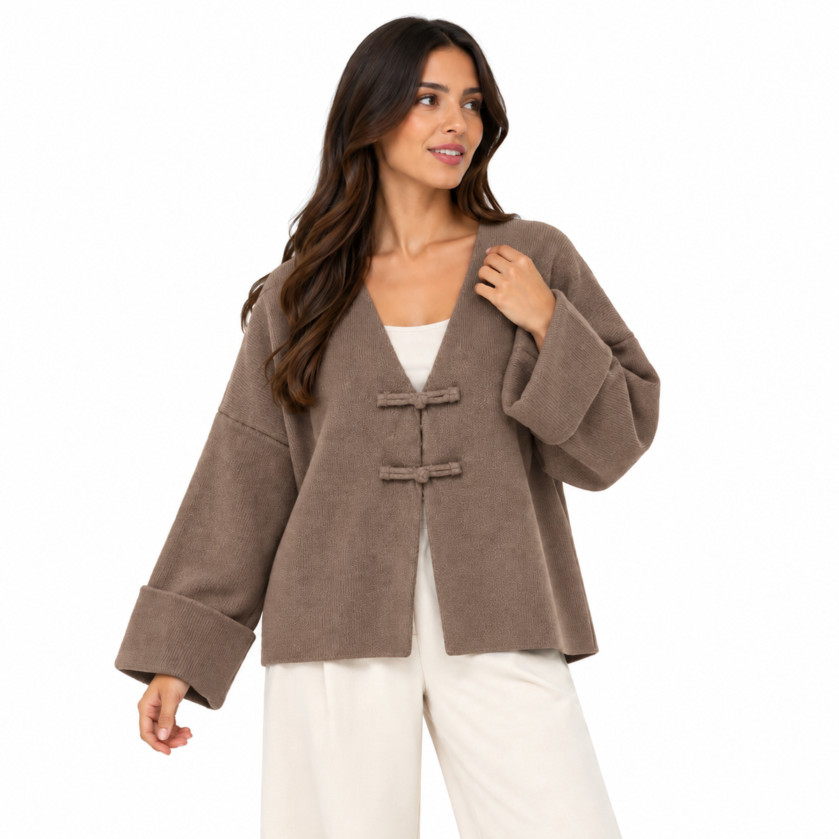 Gilet Femme Oversize Col V à Attaches Décoratives Manches Larges