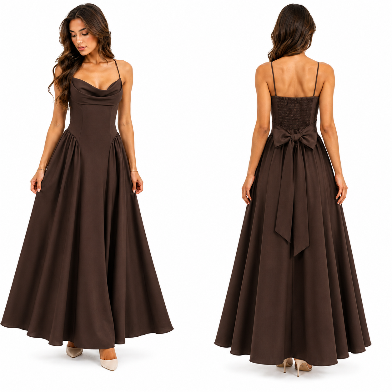 Robe Longue Fluide Col Drapé Dos Smocké avec Nœud Élégant Femme