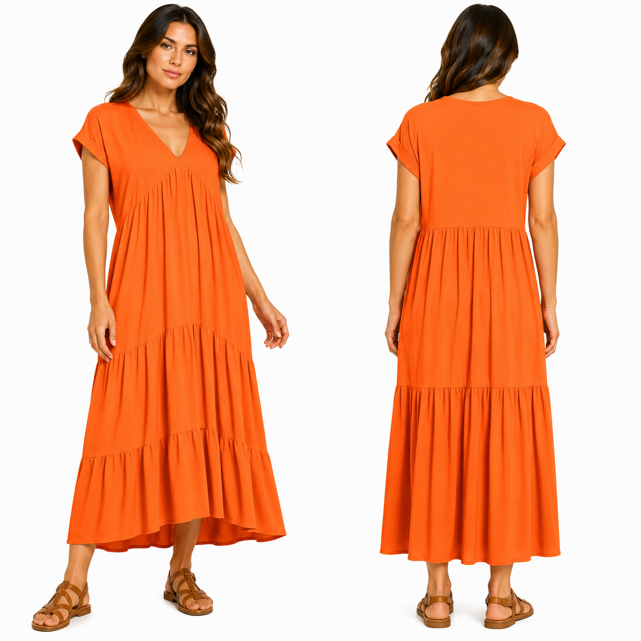 Robe Longue Fluide Femme 3 Volants – Col V Élégant & Coupe Ample Taille Unique