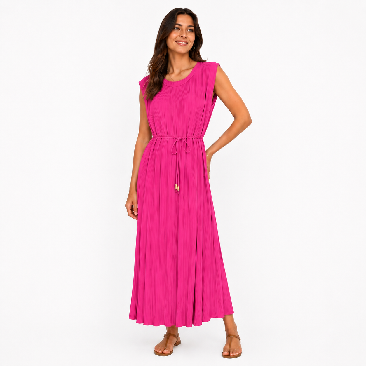 Robe Longue Plissée Sans Manches avec Ceinture Ajustable Élégante