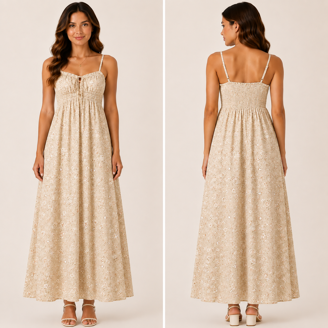 Robe Longue Fleurie Beige Bohème Élégante Bretelles Réglables Femme
