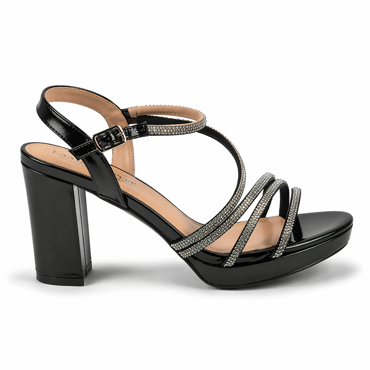 Women's Gold Heeled Sandals – Rhinestone Straps & Block Heel – Elegant Evening Shoes