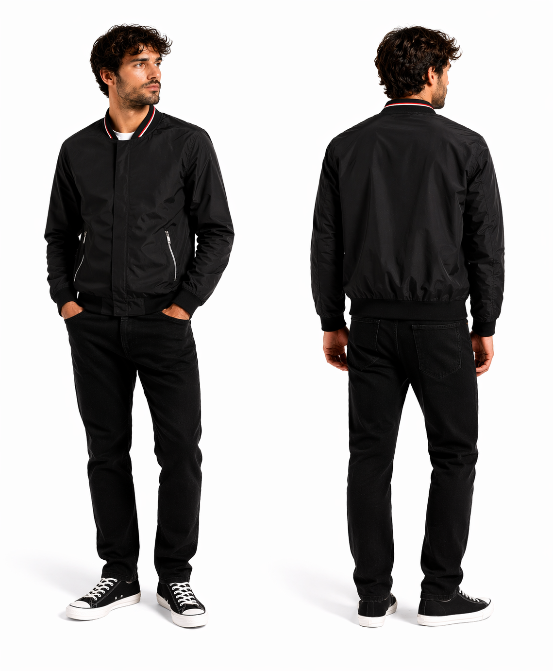 Blouson bomber homme noir zippé – coupe moderne, col rayé, style urbain élégant