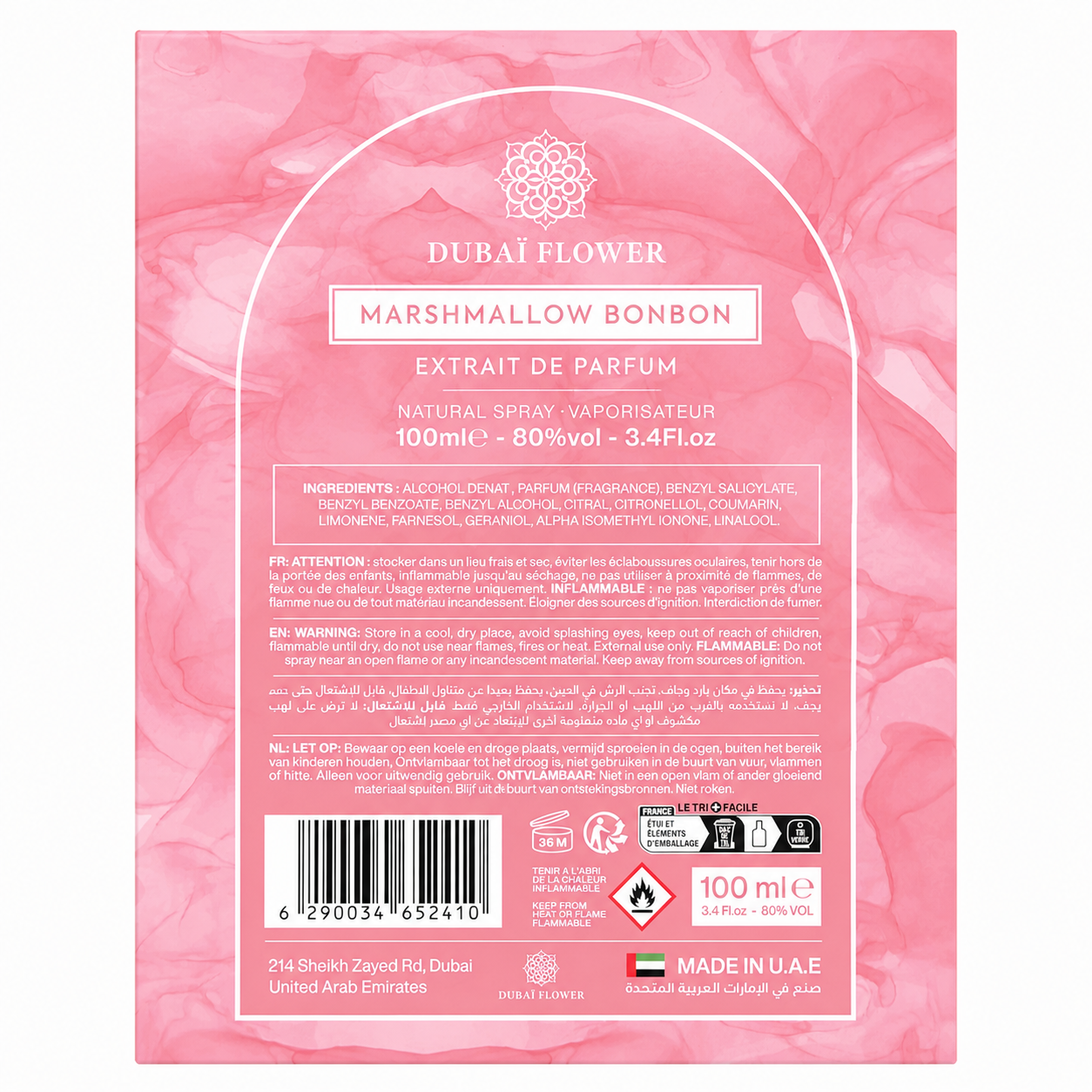 Parfum Marshmallow Bonbon Dubai Flower – Extrait Intense Sucré Gourmand 100ml Longue Tenue