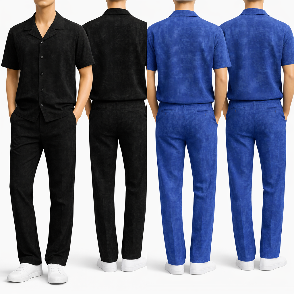 Ensemble homme texturé premium – Chemise manches courtes + pantalon coupe droite, style élégant et confortable
