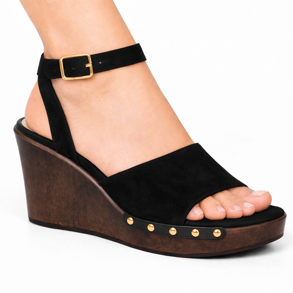 Sandales Compensées Femme Élégantes – Bride Large & Sangle Cheville avec Boucle Dorée, Semelle Effet Bois, Confort Été