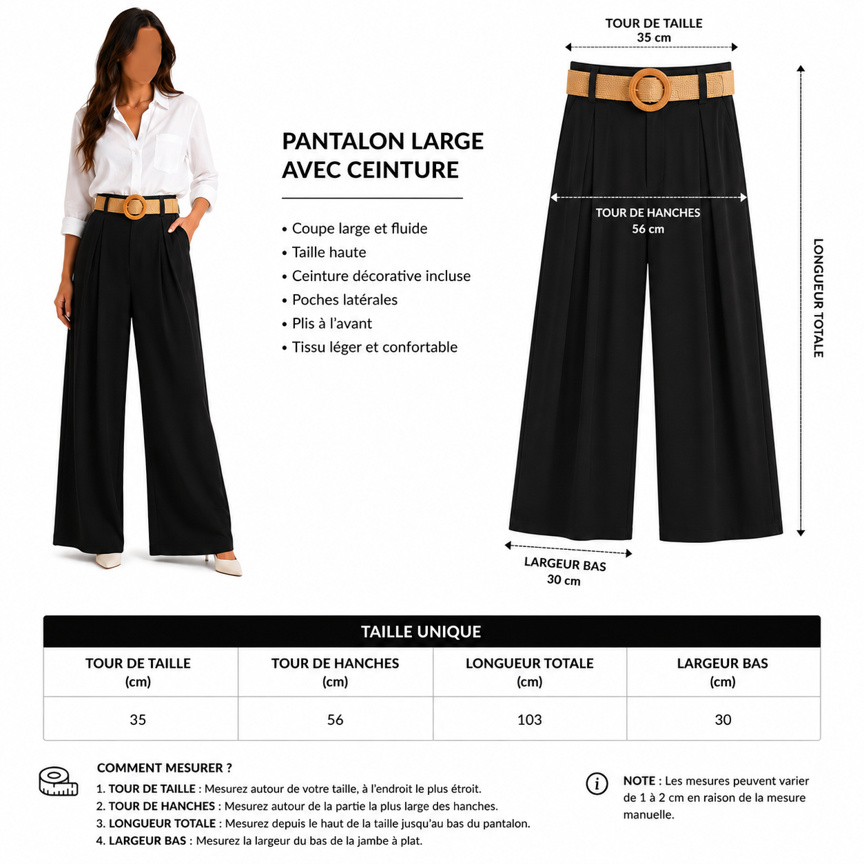 Pantalon Palazzo Femme Taille Unique avec Ceinture Tressée