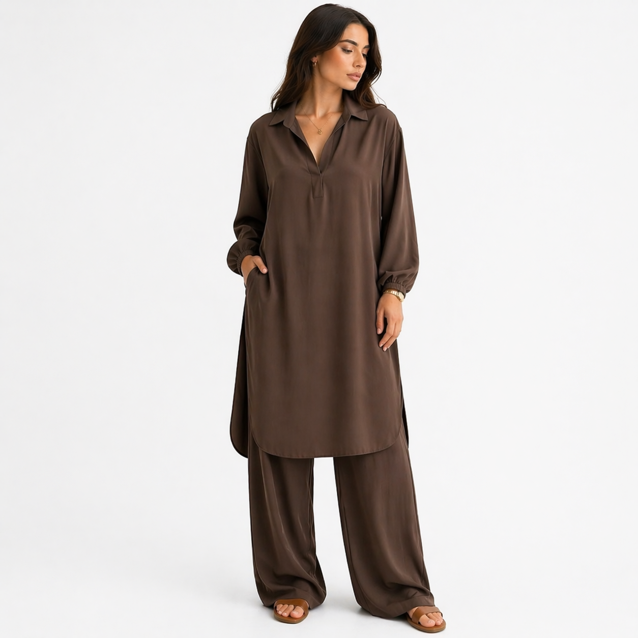 Ensemble Deux Pièces Femme Tunique et Pantalon Large | Col V Fluide Manches Longues | Tenue Chic Décontractée