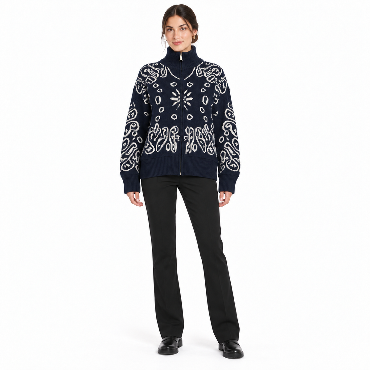 Gilet Pull Femme Zippé à Motifs Bandana – Col Montant et Coupe Ample