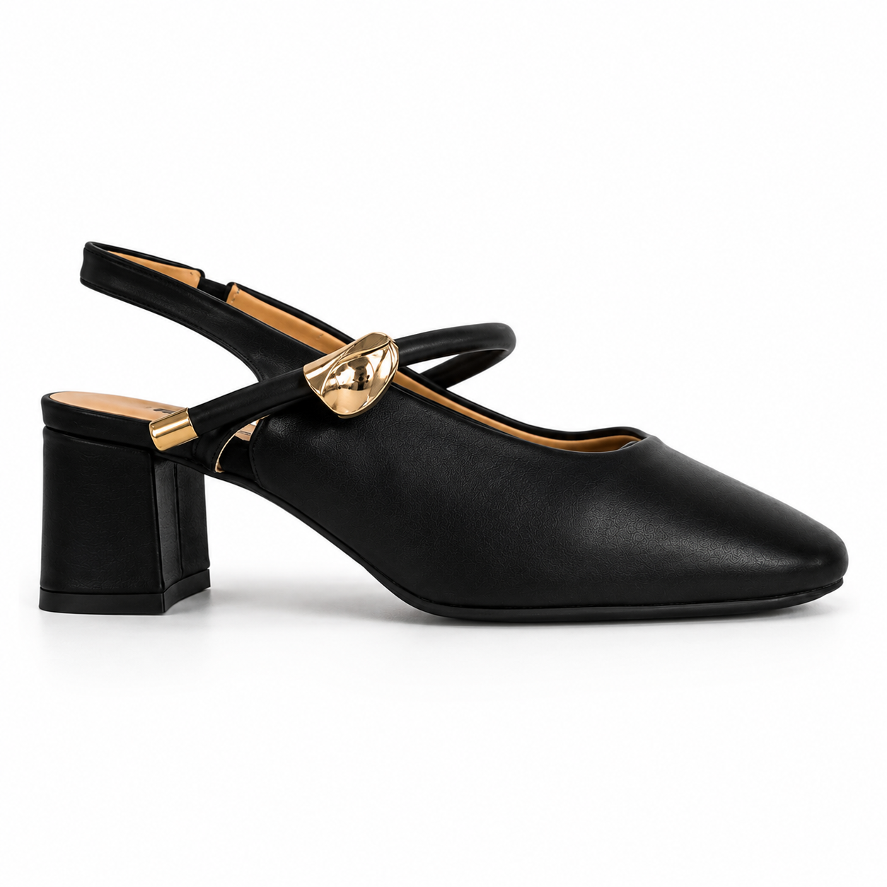 Escarpins Slingback Femme à Talon Carré avec Détail Doré – Noir & Chocolat
