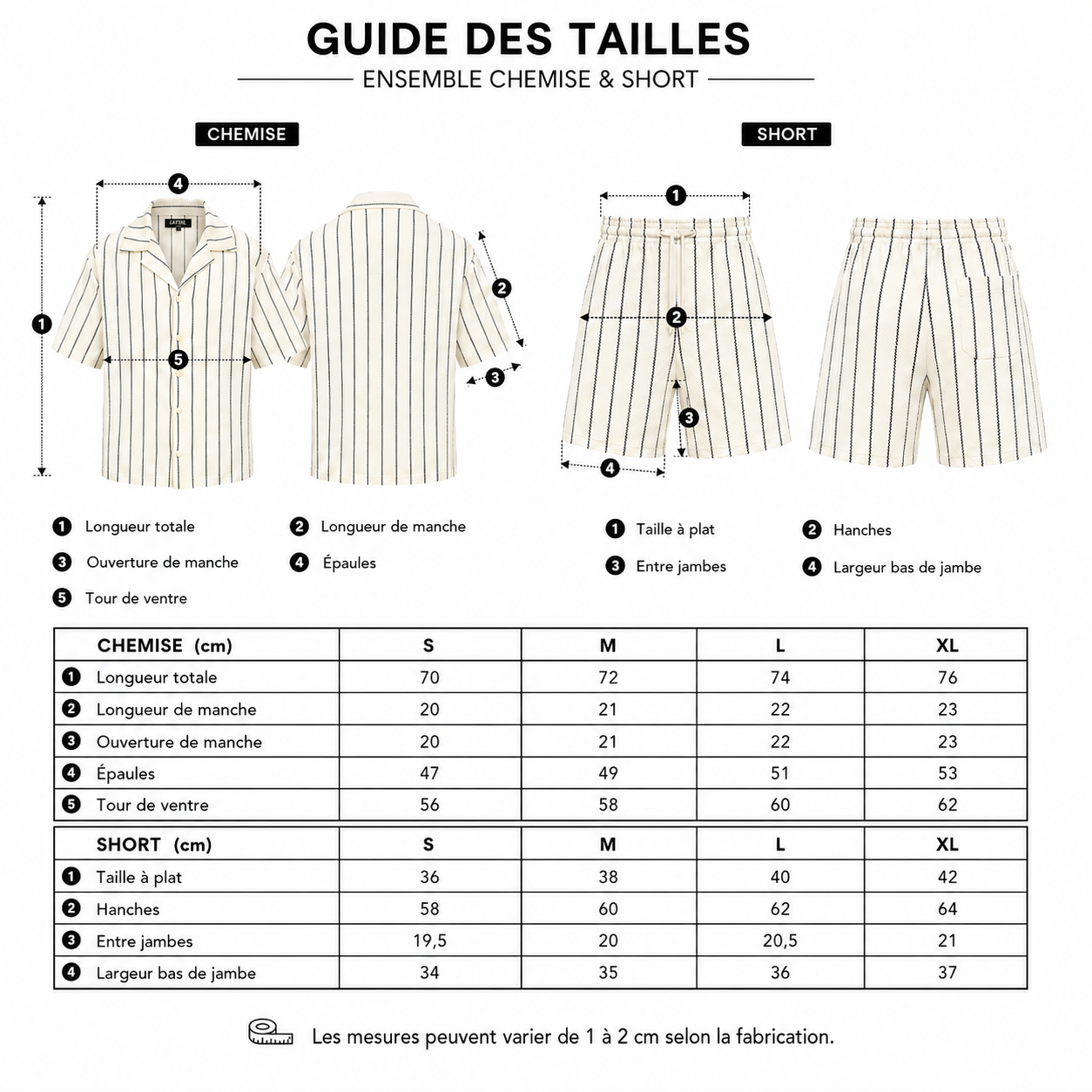 Ensemble homme chemise manches courtes et short rayé beige – Style casual chic été