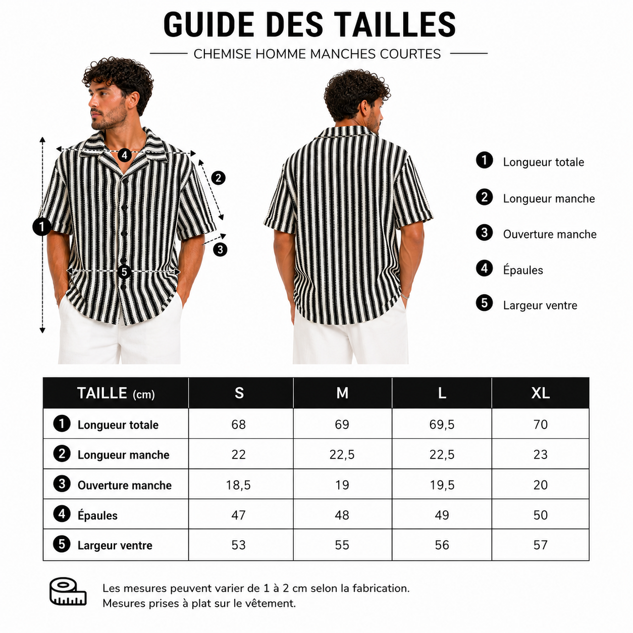 Chemise Homme Manches Courtes – Rayures Noir & Blanc