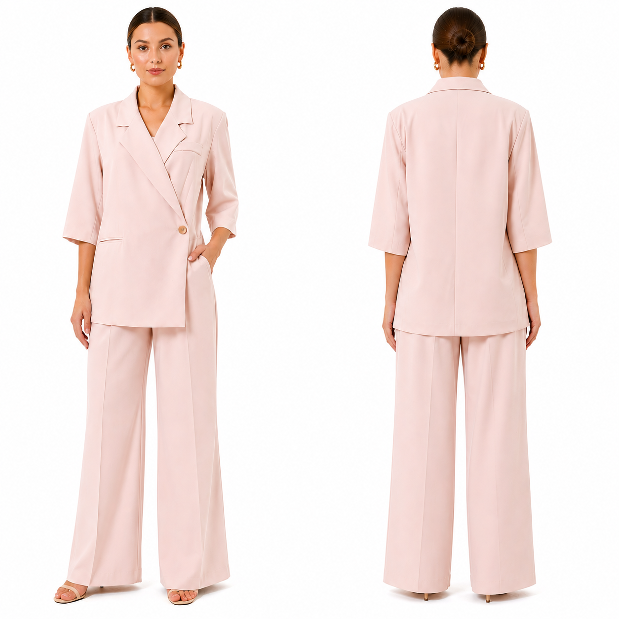Ensemble tailleur femme oversize manches 3/4 blazer + pantalon large élégant