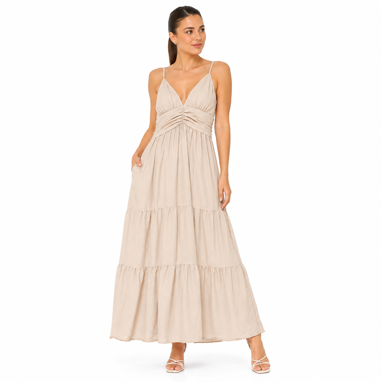 Robe Longue Femme Fluide à Bretelles – Col V, Taille Froncée, Robe d'Été Élégante avec Poches
