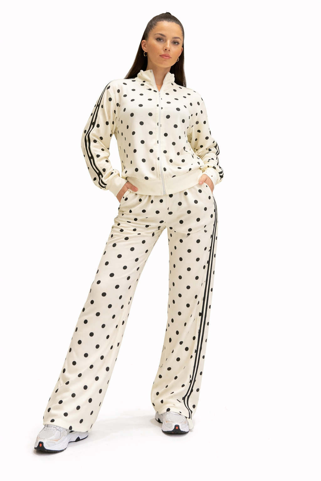 Ensemble Femme Jogging Pois – Veste Zip + Pantalon Large Confort Chic Streetwear