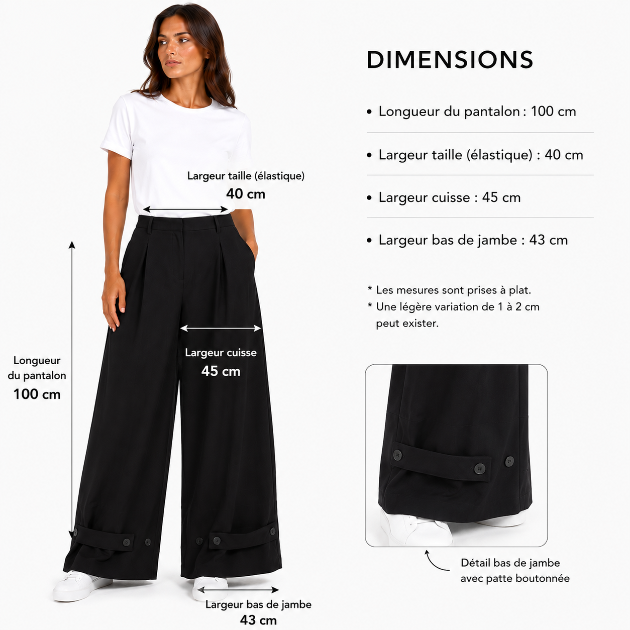 Pantalon Boutonnée Large Femme Fluide – Taille Haute, Jambes Amples avec Patte Boutonnée – Taille Unique 36 à 46