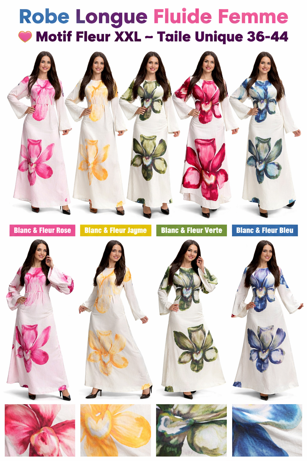 Robe Longue Fluide Femme – Motif Fleur XXL – Coupe Évasée Chic – Taille Unique