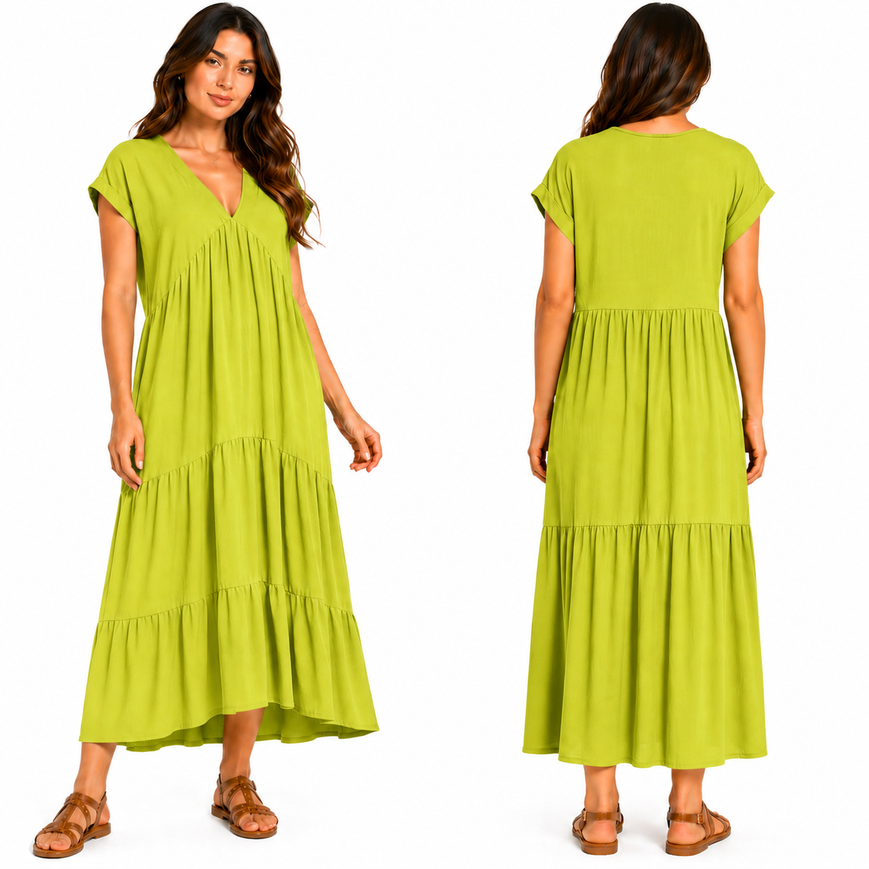 Damen Maxikleid fließend V-Ausschnitt kurze Ärmel lockere Passform elegant Sommer