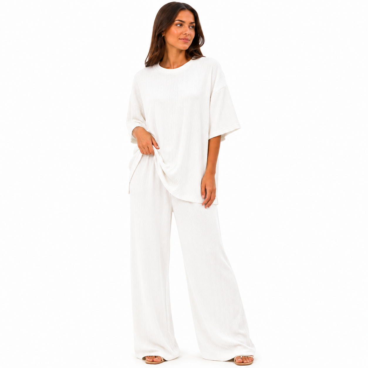 Ensemble Femme Chic Texturé – T-shirt & Pantalon Fluide