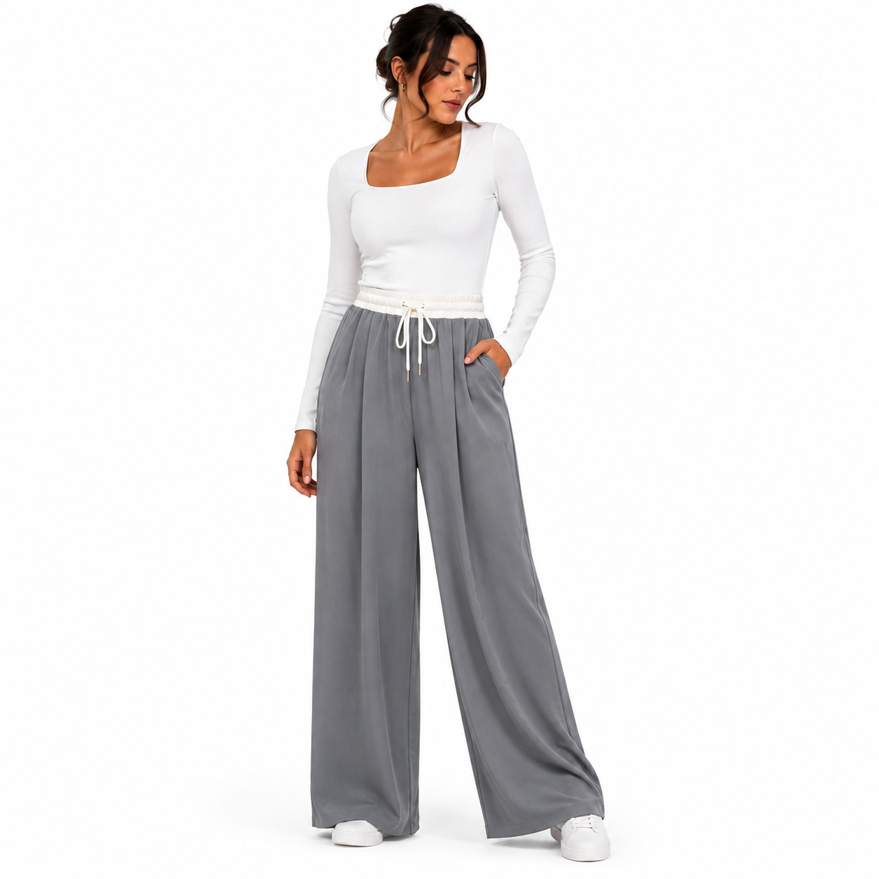 Pantalon Palazzo Femme Taille Élastique – Coupe Large Fluide avec Poches