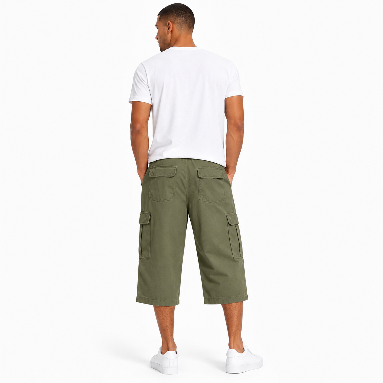 Pantacourt cargo homme en coton – Coupe droite – Poches latérales – Style casual outdoor