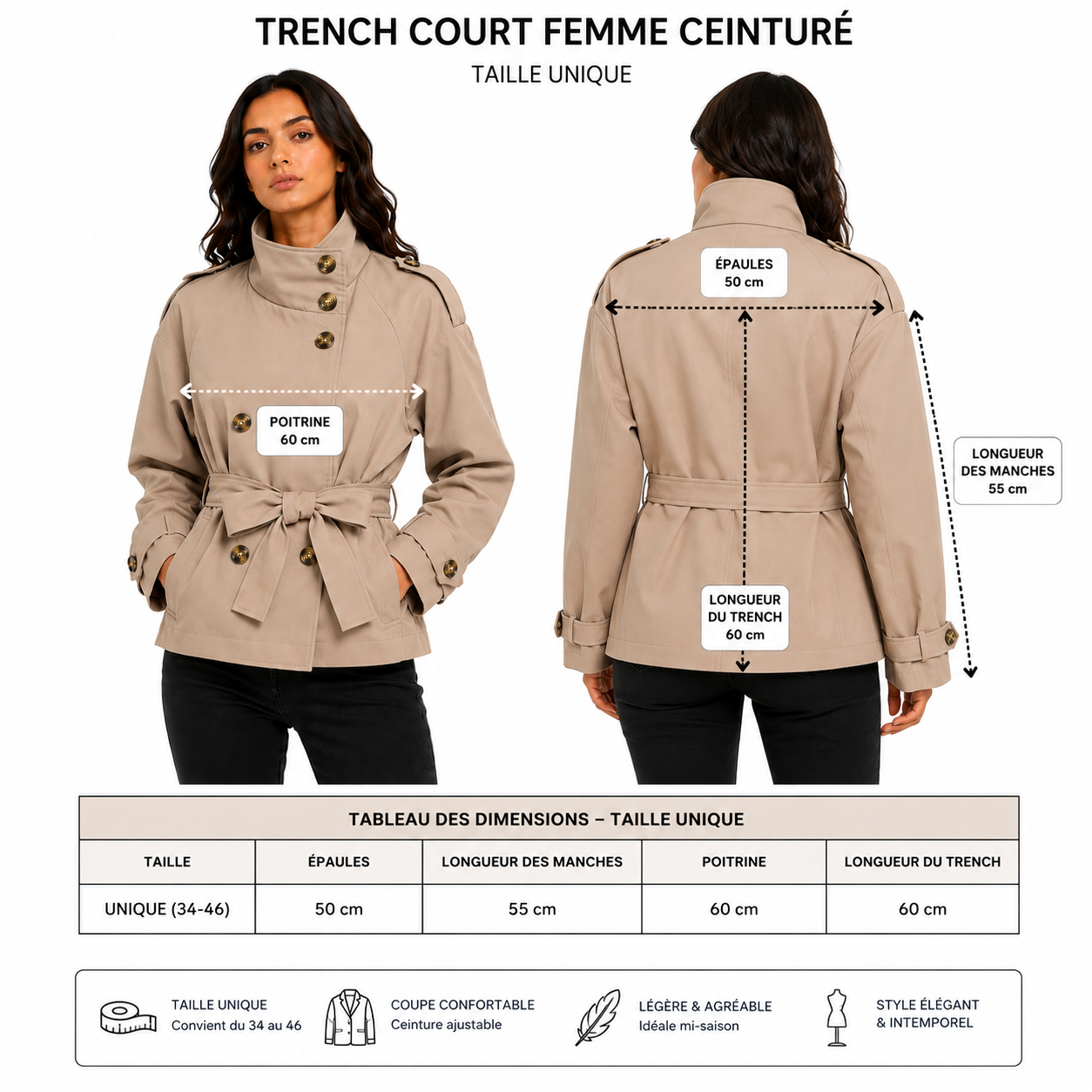 Trench Court Femme Ceinturé à Col Montant – Veste Élégante Double Boutonnage Manches Longues
