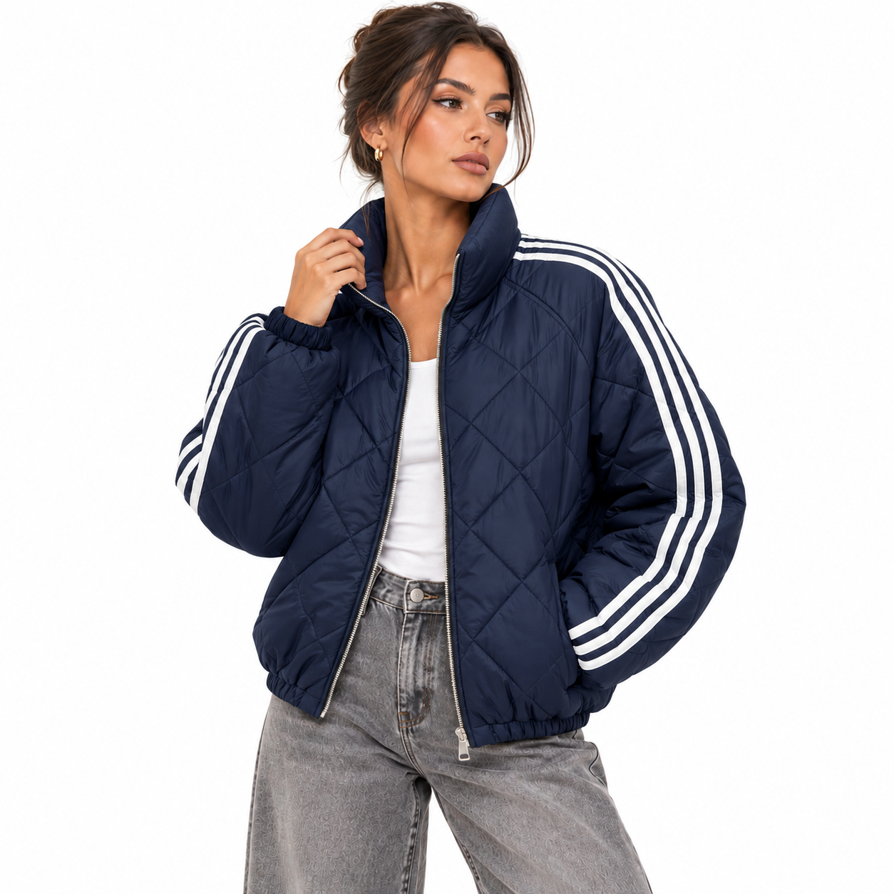 Veste Matelassée Femme Courte à Zip avec Bandes Contrastées – Style Sport Chic