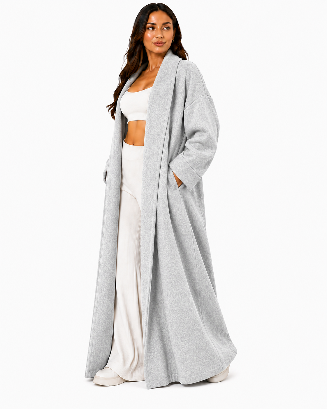 Gilet long 116 oversize femme avec poches – Cardigan ouvert élégant style cocoon
