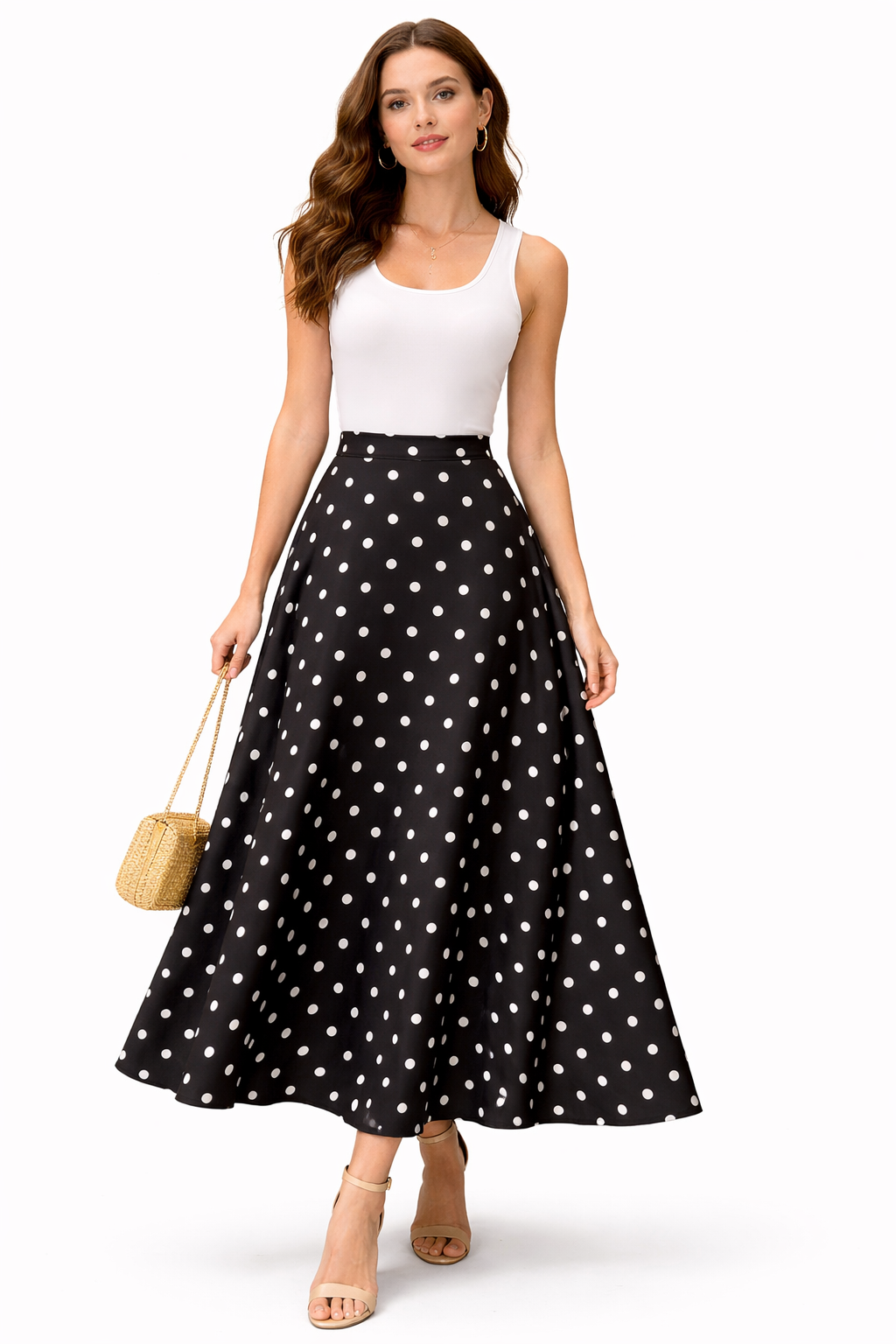 Jupe longue satin à pois – coupe évasée taille haute style chic élégant