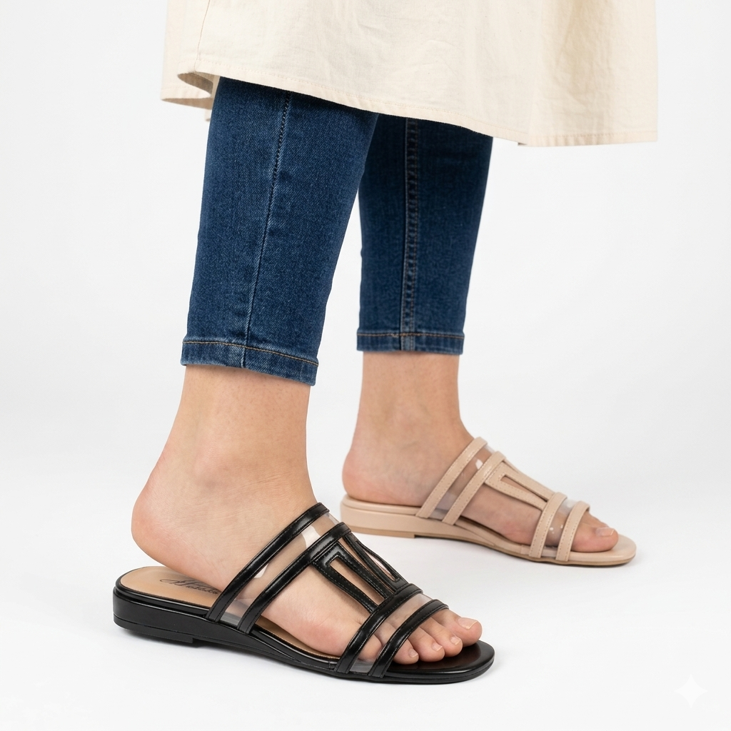 Sandales Plates Femme Style Cage à Lanières | Mules Bout Carré Noir et Beige | Chaussures Été Légères