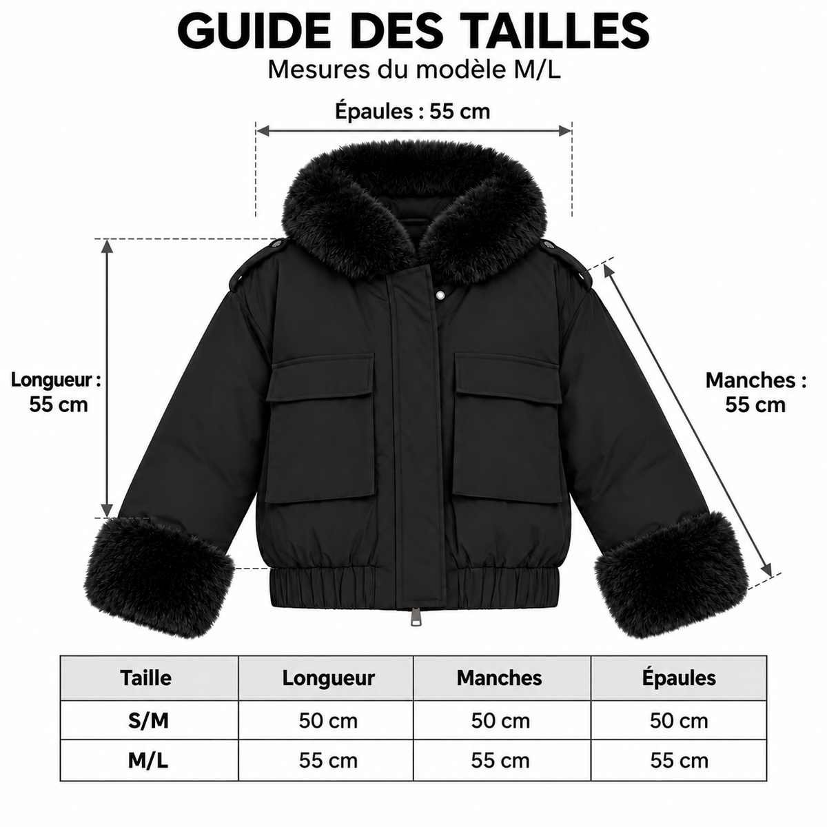 Veste courte à capuche et finitions en fausse fourrure – Élégance