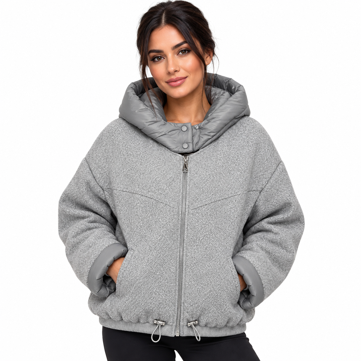 Veste Femme Courte à Capuche Zippée Oversize – Douce, Chaude et Tendance