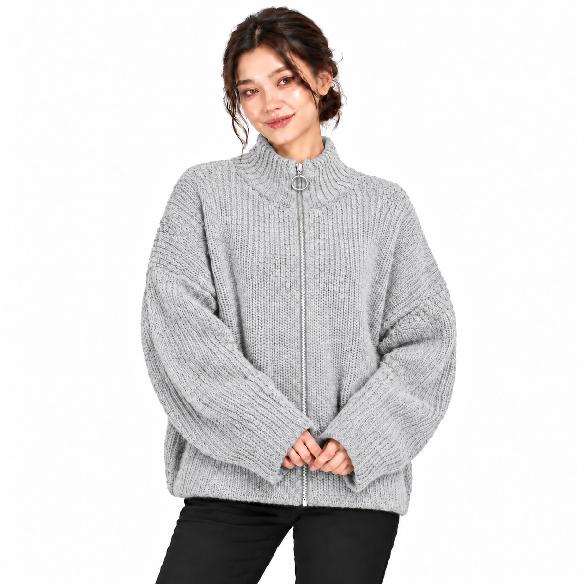 Gilet Femme Oversize en Maille Douce avec Col Zippé et Anneau Métallique