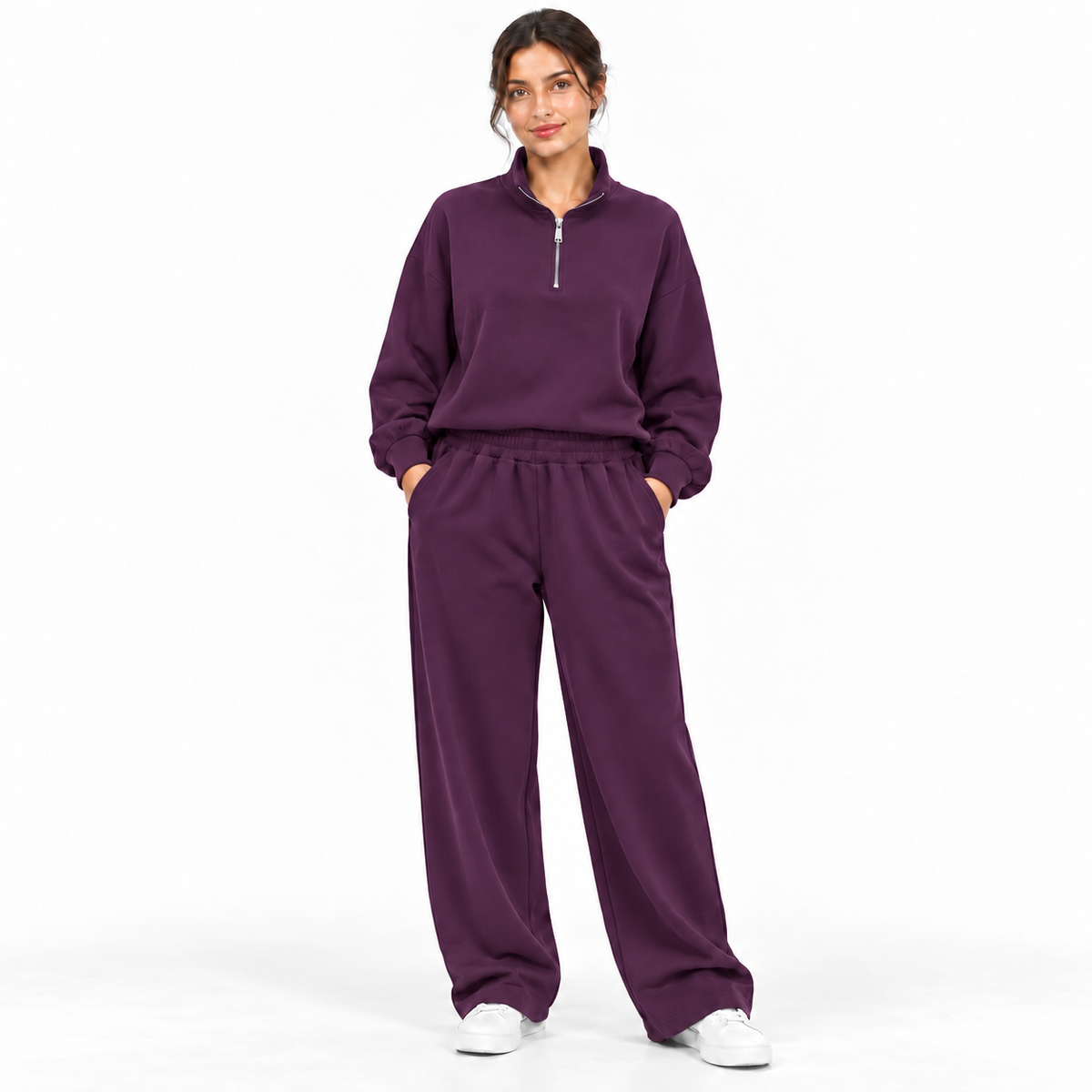 Ensemble femme deux pièces à col zippé et pantalon large à taille élastique