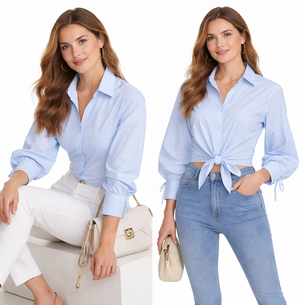 Chemise cintrée manches bouffantes avec liens ajustables et broderie discrète – coupe élégante structurée