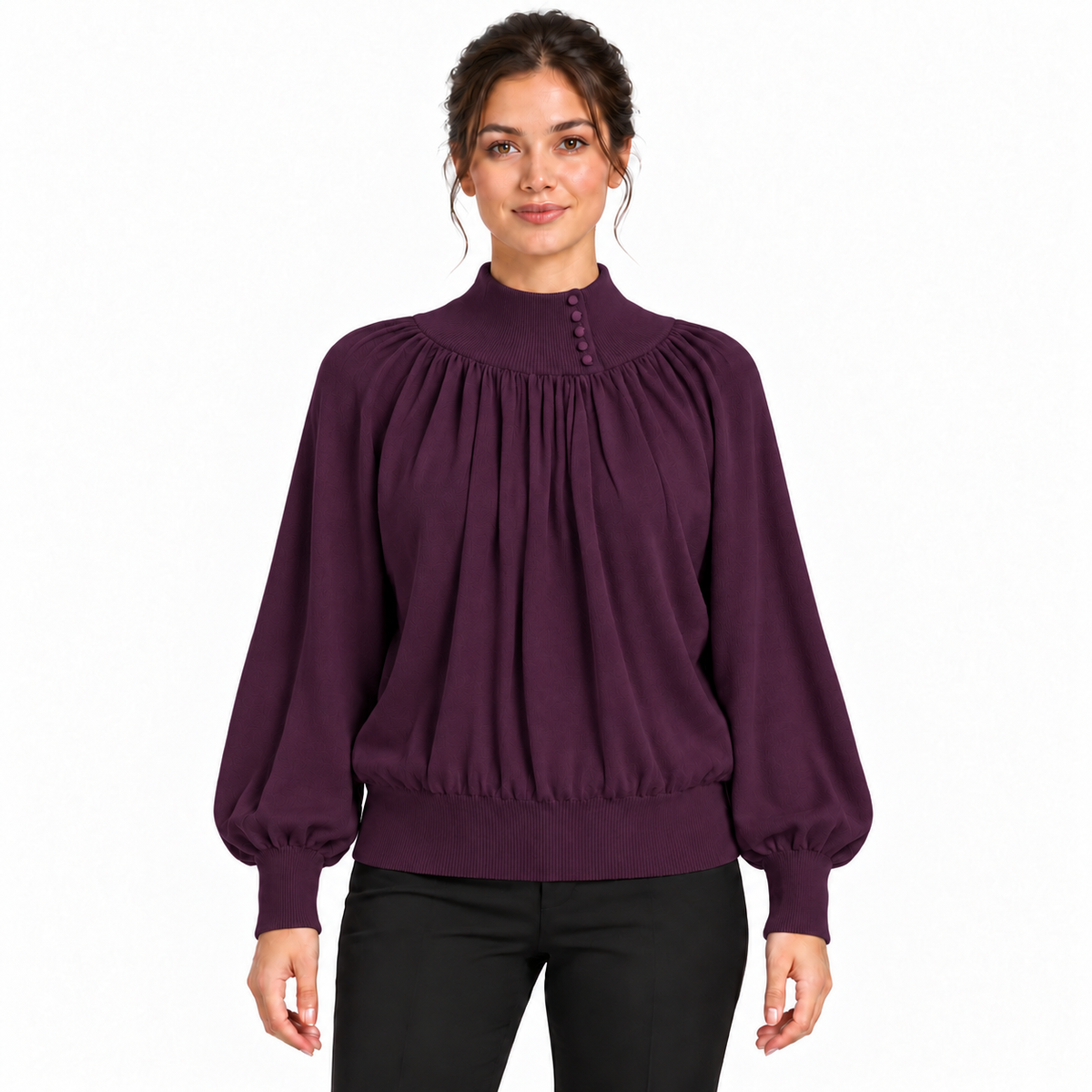 Pull femme en maille à col montant boutonné et manches bouffantes