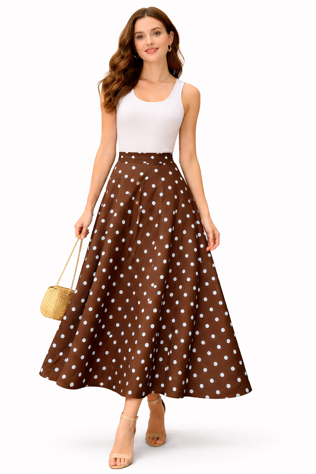 Polka dot satin maxi skirt – flared high-waisted cut, chic elegant style