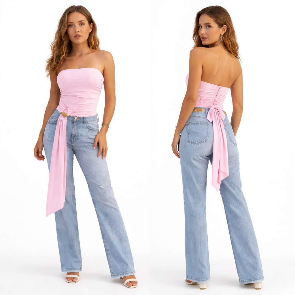 Drapiertes Bustier-Oberteil mit Bindeband & goldenem Ring – figurformend & elegant geschnitten – Einheitsgröße