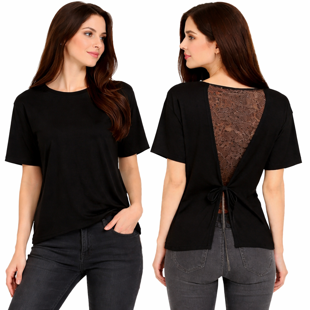 T-shirt femme dos ouvert avec dentelle – Top chic et tendance, coupe fluide