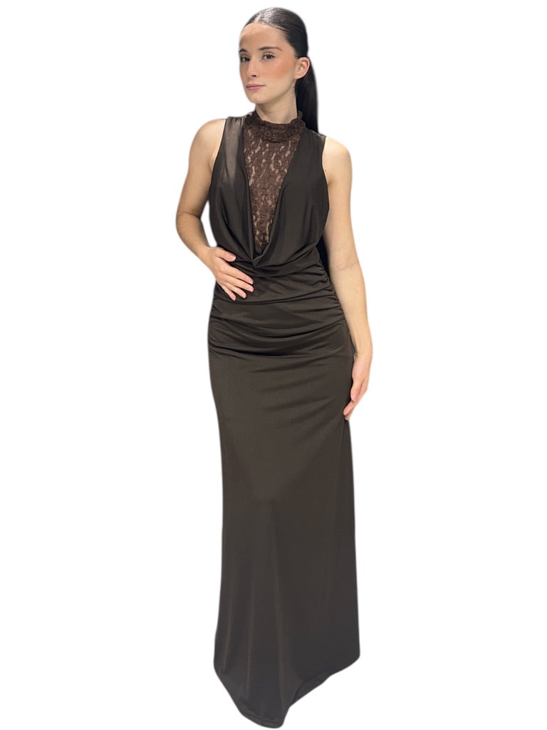 Robe Élégance Luxe – Décolleté Drapé & Dentelle