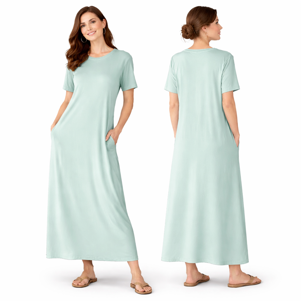 Robe Longue Fluide Femme – Coupe Oversize Confort – Manches Courtes – Poches Invisibles – Style Casual Chic