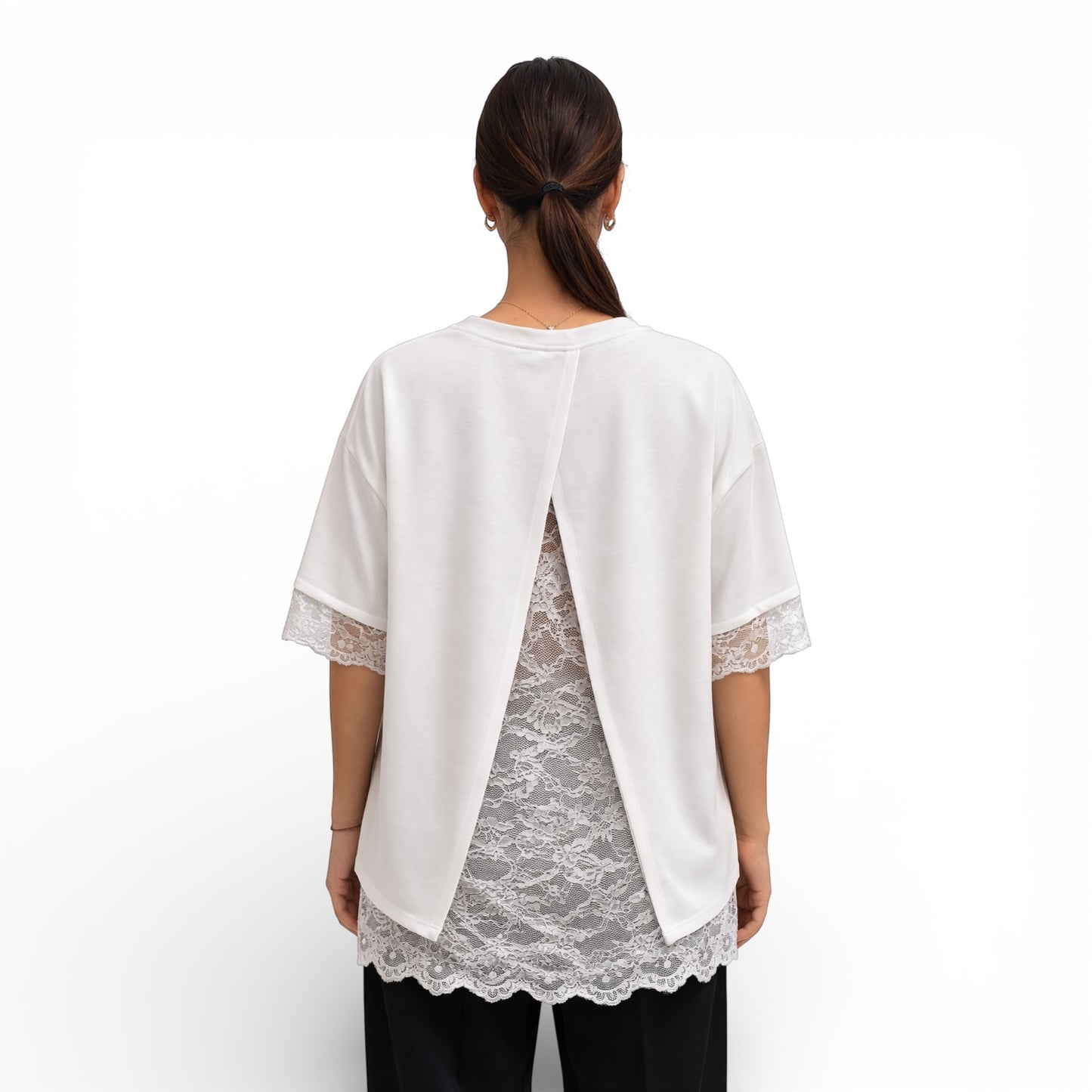 Elegantes Damen-T-Shirt mit Spitze – lockeres, schickes Oberteil mit offenem Rücken