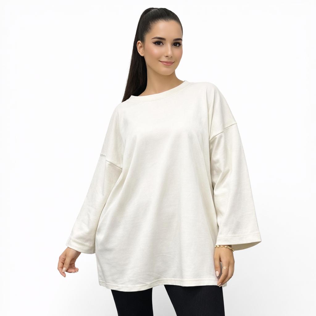 Women's oversized plain long sleeve 100% cotton T-shirt – relaxed fit, trendy basic