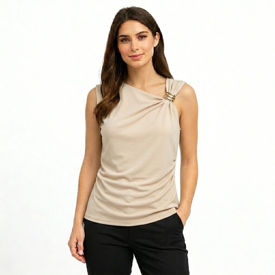 Elegant Asymmetrical Draped Top with Gold Detail