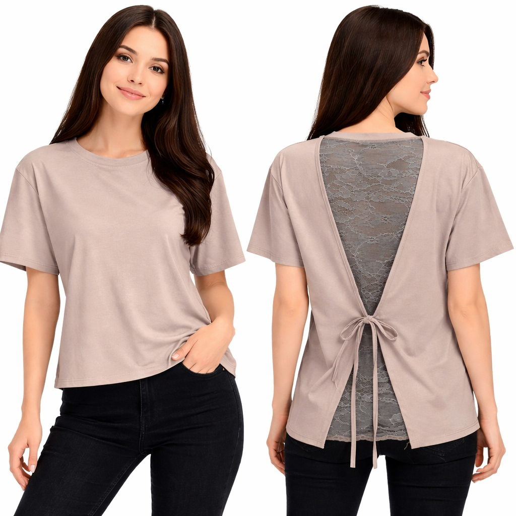 T-shirt femme dos ouvert avec dentelle – Top chic et tendance, coupe fluide