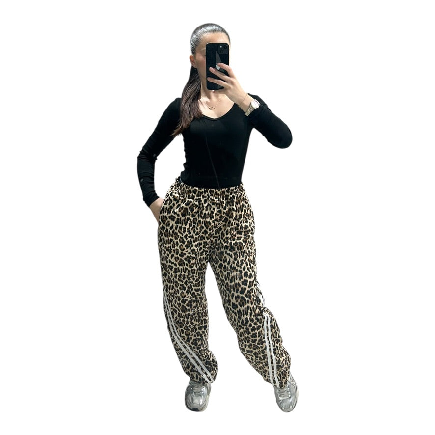 Pantalon large léopard femme à bandes latérales – Taille élastique tendance